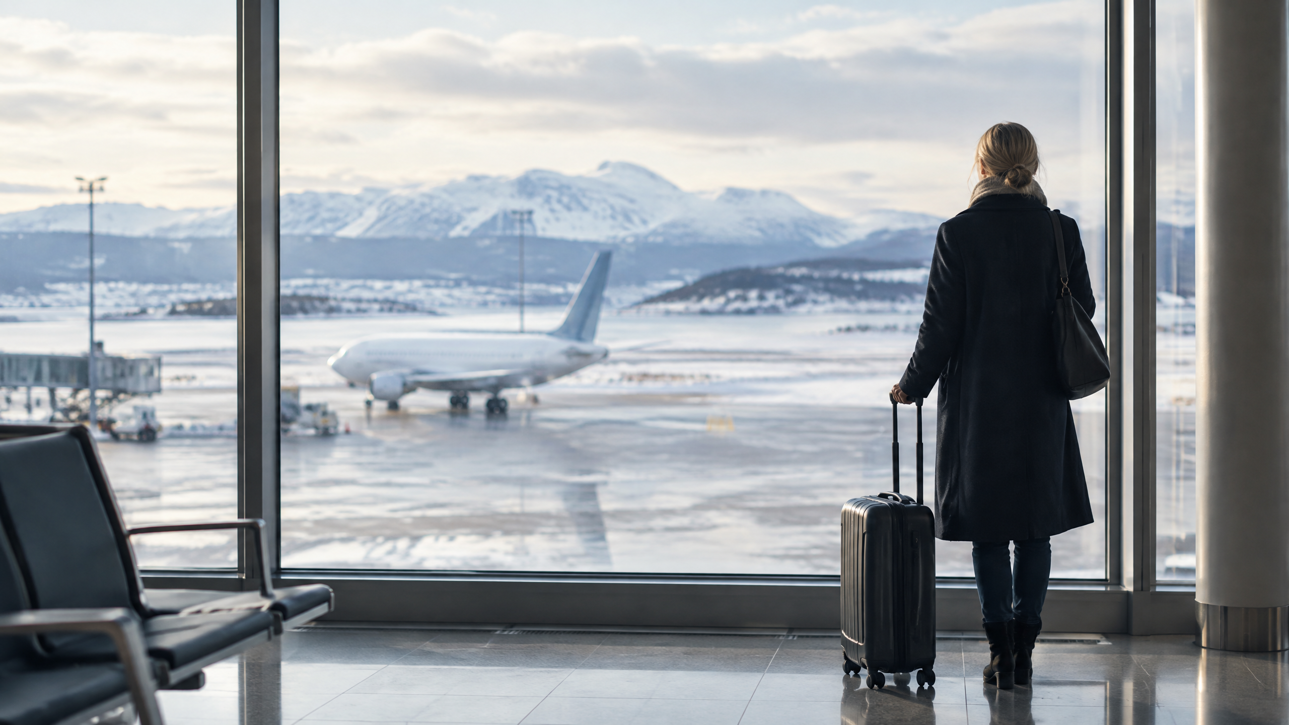 Traveller looking from an airport terminal toward a snowy Norwegian runway