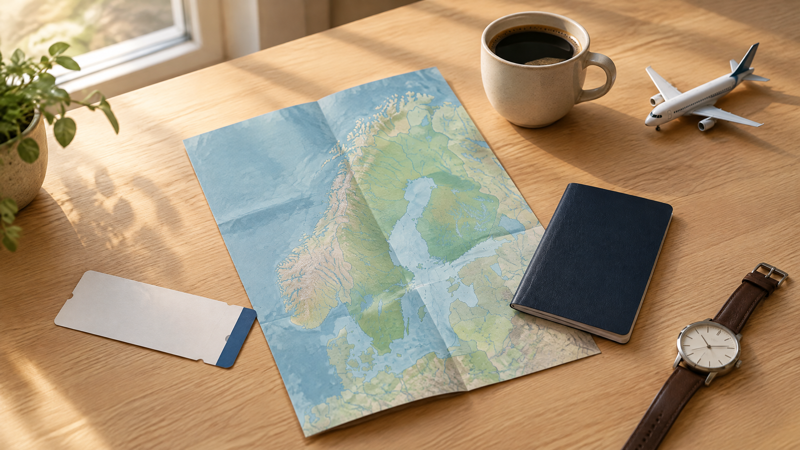 Travel planning items on a map of Scandinavia