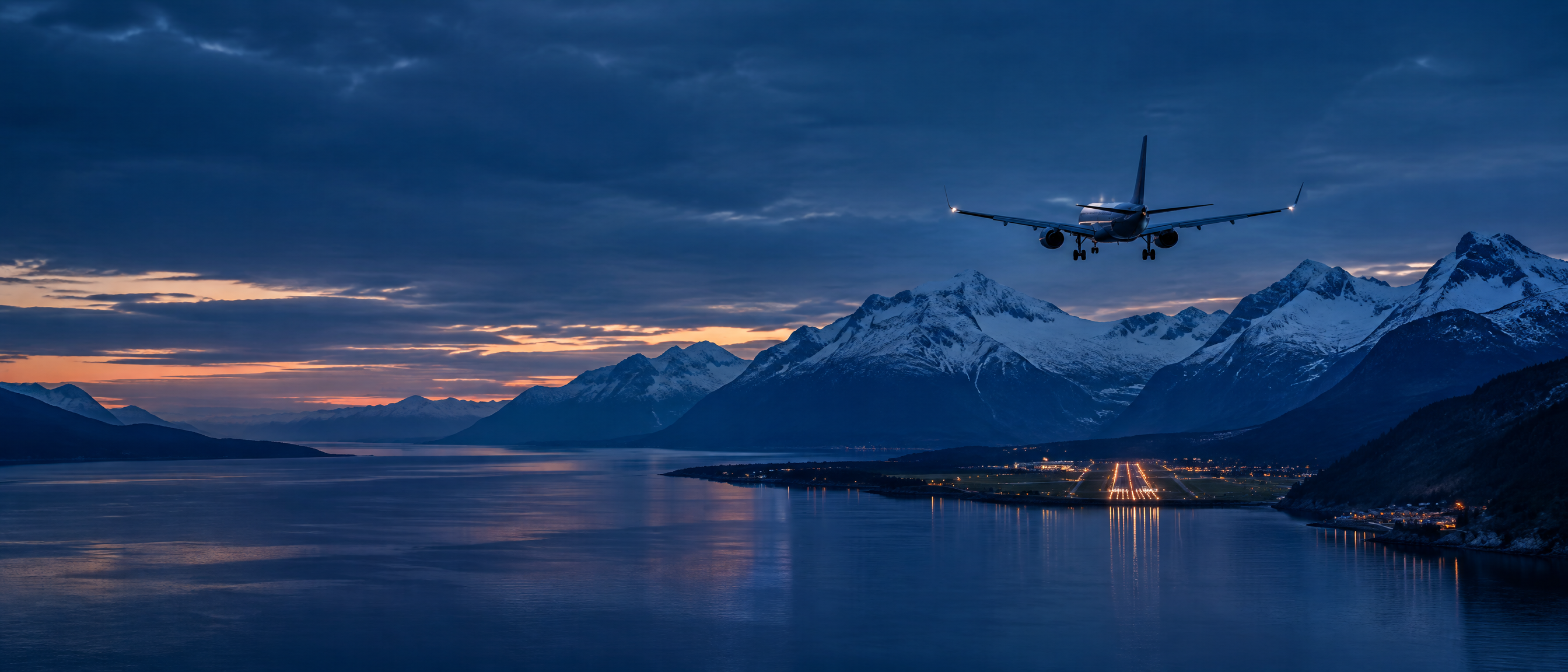 Aircraft descending over a Norwegian fjord at dusk